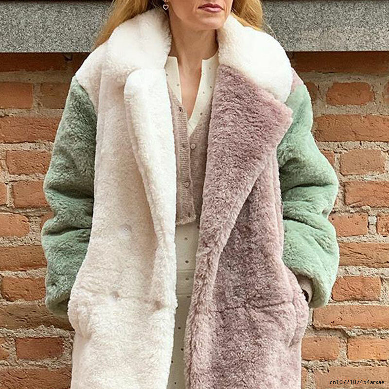 Patchworkowe damskie jesienno-zimowe ciepłe futro odzież wierzchnia modne luźne sztuczne futro królik długie pluszowa kurtka zwykłe pogrubione futro 2023