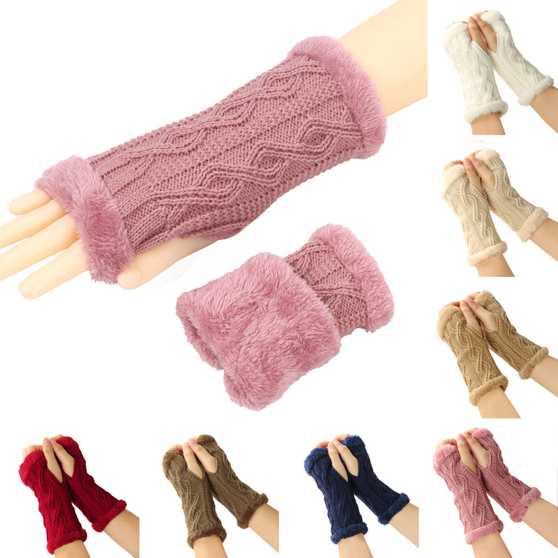Guantes de piel sintética de Color sólido para mujer, cubierta de manga de brazo, guantes de muñeca sin dedos, mitones de punto, moda de invierno, venta al por mayor