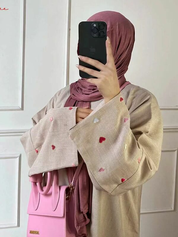 Love Borduurwerk Kimono Met Riem Oversized Moslim Gewaad Abaya Syari Vrouwelijke Full Length Moslim Abaya Aanbidding Service Abayas Wy1926
