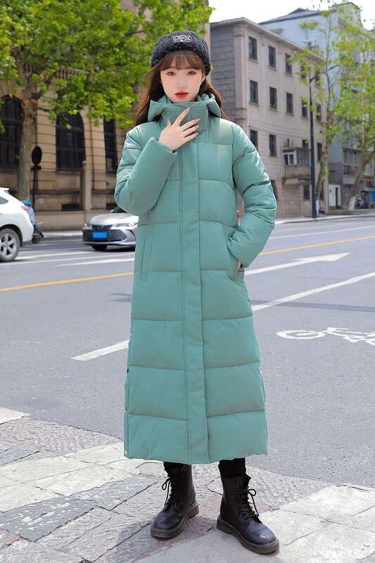 Женская длинная куртка-пуховик с капюшоном, однотонная теплая уличная одежда до щиколотки, с карманами, зима