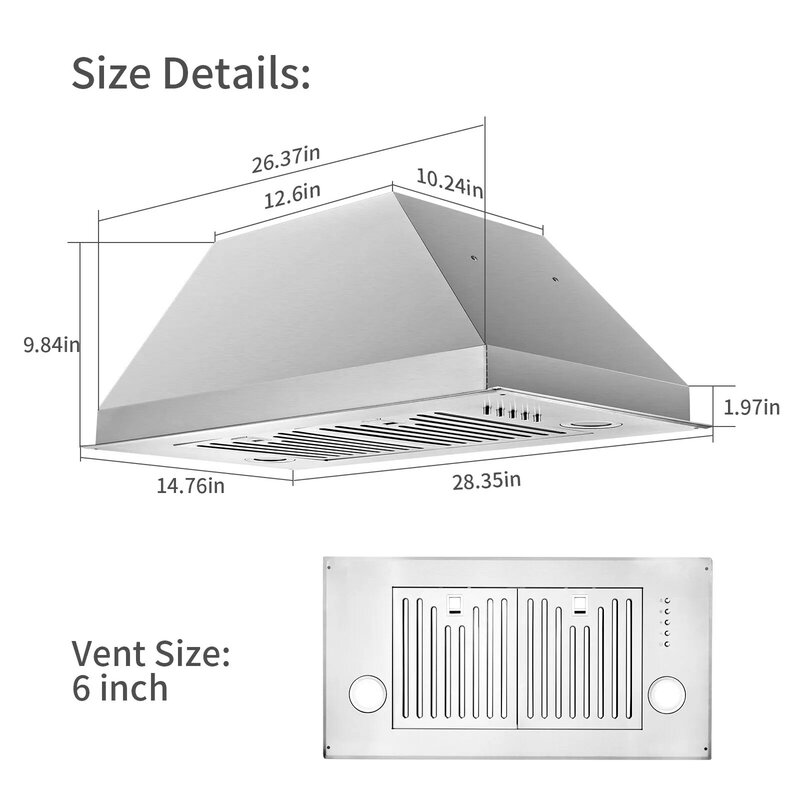 Tieasy 30 Inch 600 Cfm Ingebouwde Kast Converteerbare Ventilatie Met Led-Verlichting 3-Speed Ventilatorafzuigkap Voor Keuken Usys0675b