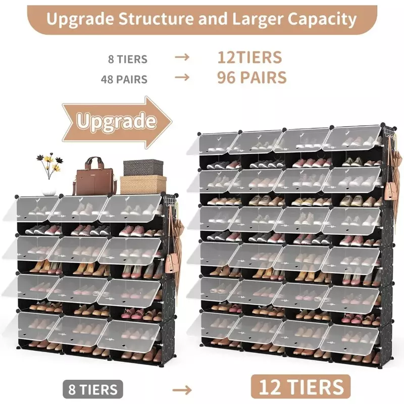 Shoe Furniture 12-Tier Organizer 96 Pairs Extra Large Plastic Portable Rack Organizer for Closet Entryway Bedroom Shoes Living