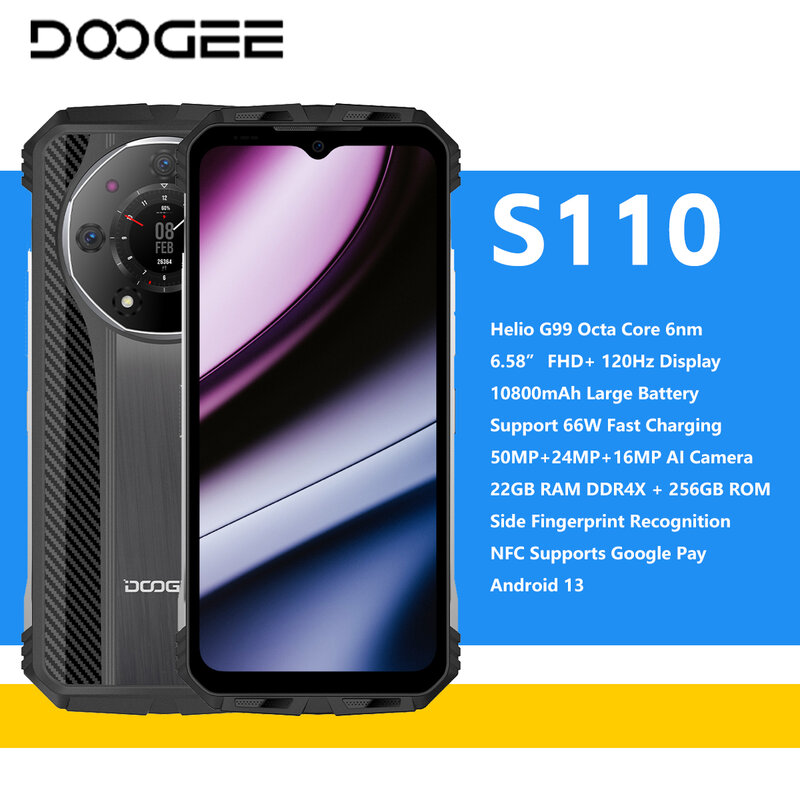 DOOGEE S110 Rugged Phone Heilo G99 4G 6.58"FHD Display 10800mAh Battery 66W Fast Charging 12GB+256GB Smartphone Android 13