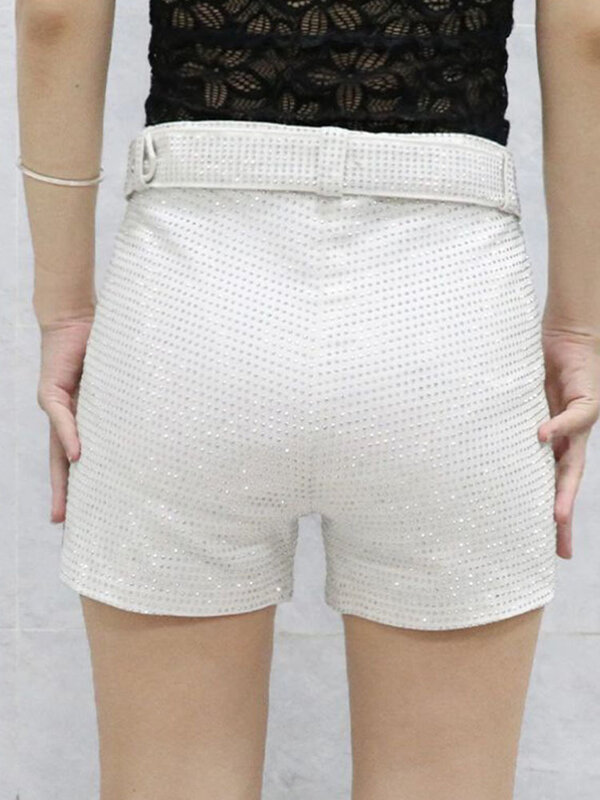 Pantalones cortos con diamantes de imitación para mujer, Shorts de pierna ancha, cintura alta, cintura elástica, informales, con cinturón
