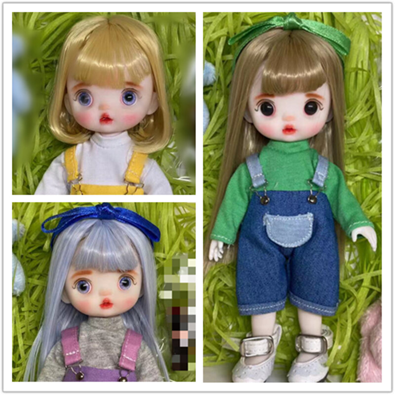 Muñeca articulada con Peluca de 16cm para niñas, Mini muñeca de mano con ojos grandes, bolsa de maquillaje de juguete