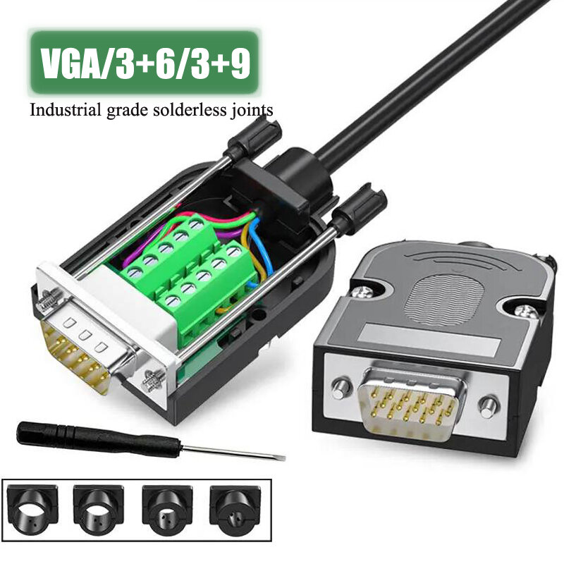 VGA 3+9 Solder-free Connector DB15 Male Female HDB15-pin Plug Industrial Grade VGA 15 Pin 3+6 Computer Monitor Projector Adapter