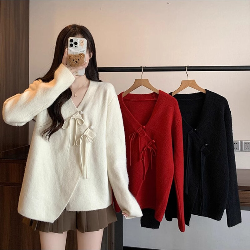 Mantel kasmir kerah V antik wanita, pakaian kardigan rajut gaya Tiongkok atasan sweter longgar lengan panjang musim semi baru Y2K