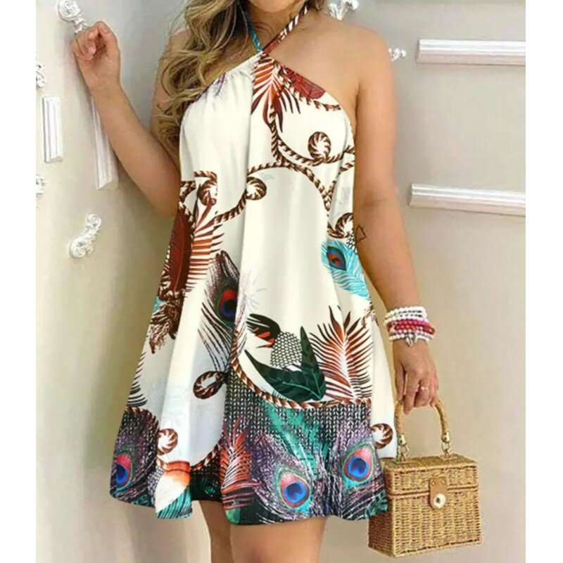 Sexy Off The Shoulder Print Pullover Mini Dress Women Fashion Backless Beachdress Lady Sleeveless Loose Vestidos De Mujer 2024
