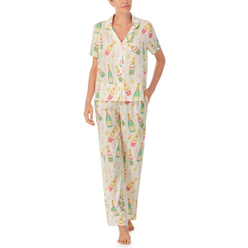 Graphic Print Loose Lapel Neck Button Down Short Sleeve Blouse Tops + Elastic Waist Pants Pajama Summer Women 2 Piece Lounge Set