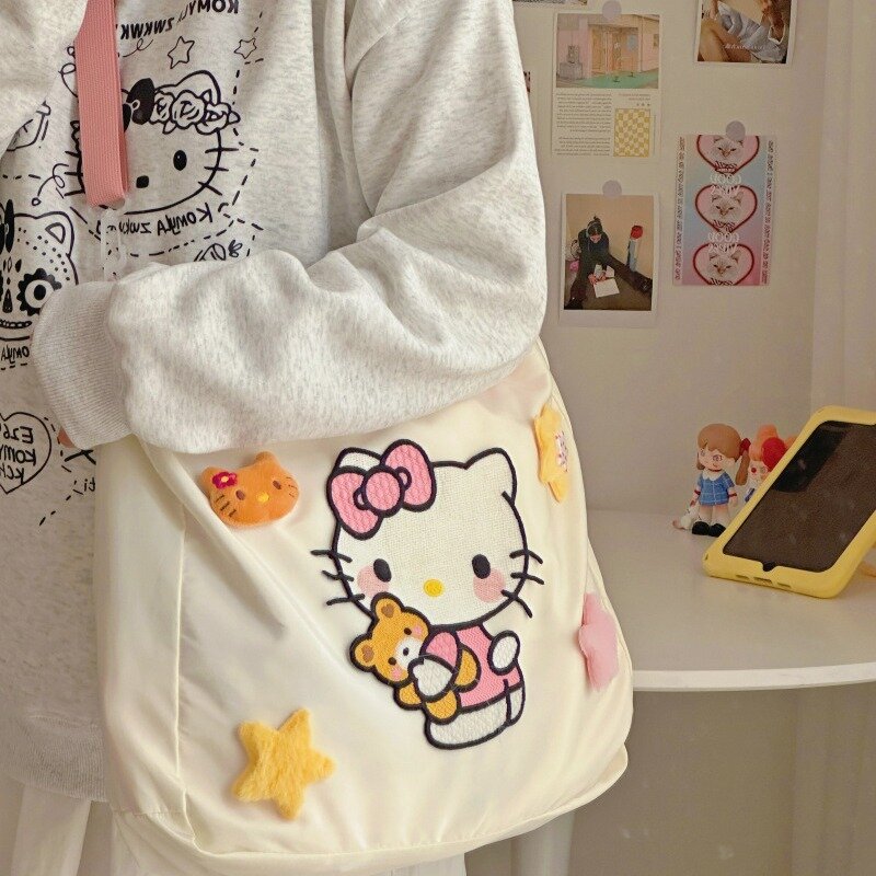 MBTI Hello Kitty-Bolso de mano de nailon bordado para mujer, de gran capacidad bolso de hombro con dibujos animados, informal, para viaje