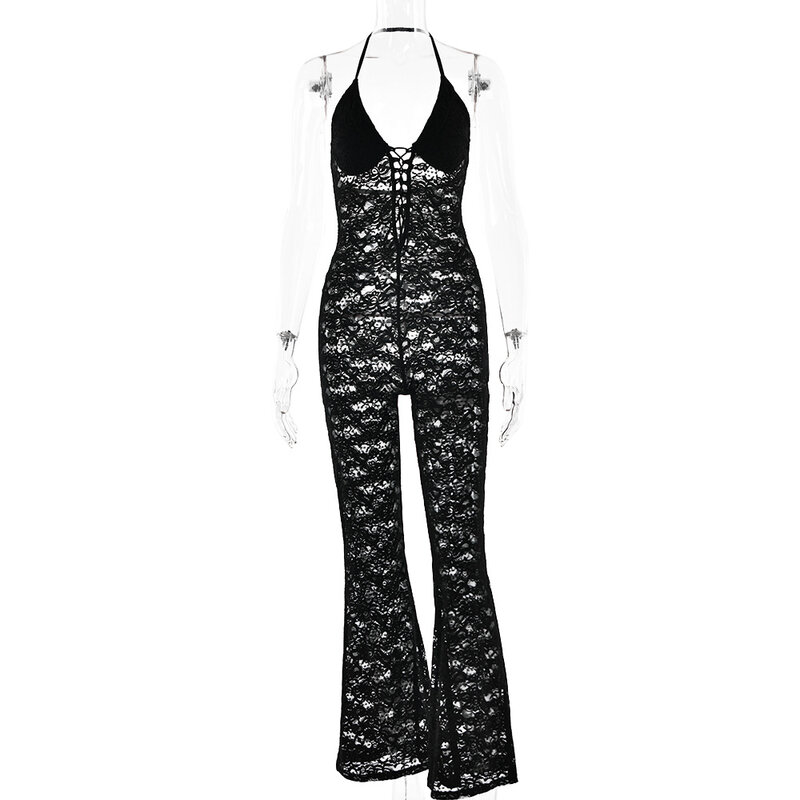 2024 Summer Sexy Lace See Through Slim Jumpsuit Women Halter Bandage Sleeveless Backless Elegant Flare Rompers Streetwear Outfit