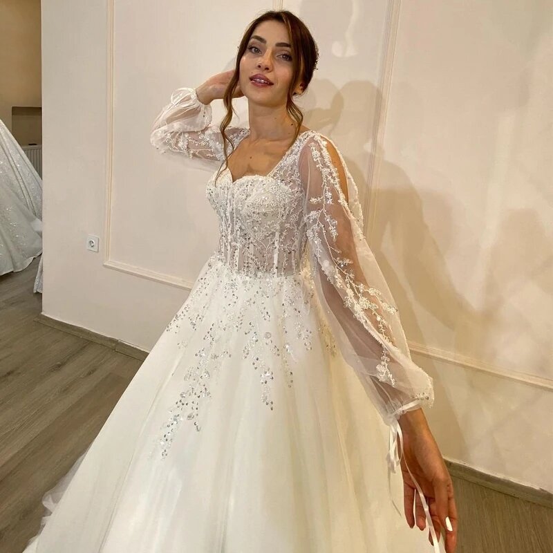 Illusion Long Sleeve Woman's Wedding Dresses A Line Sexy Lace Appliques Bride Gowns Fuffy Tulle Formal Beach Party 2024 Vestidos