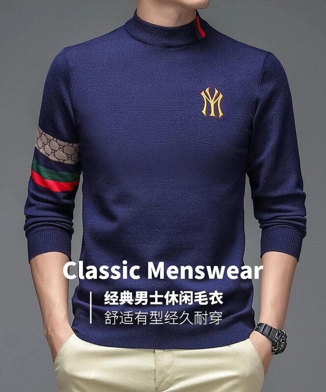 Pulôver de gola média masculino, suéter de alta qualidade, moda casual, camisa de fundo empresarial, marca de luxo, nova primavera