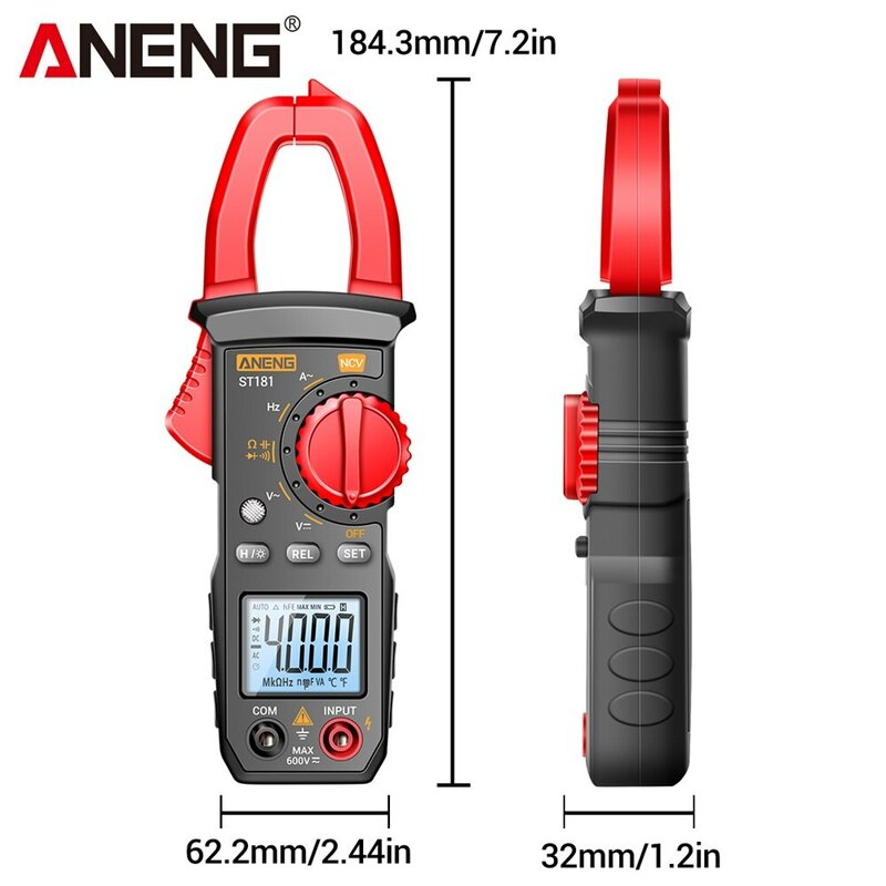 ANENG-ST181 Digital Clamp Meter, Multímetro, DC, Tensão AC, 4000 Contagens, Corrente, Amperímetro Tester, Carro, Hz, Capacitância, NCV, Ohm Teste