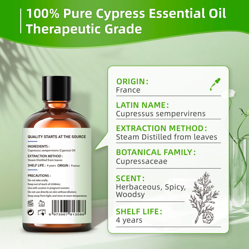 HIQILI-Aceites Esenciales de ciprés de 100ML, difusor de aromaterapia, humidificador, masaje, Woody, alivia el estrés, 100% natural puro