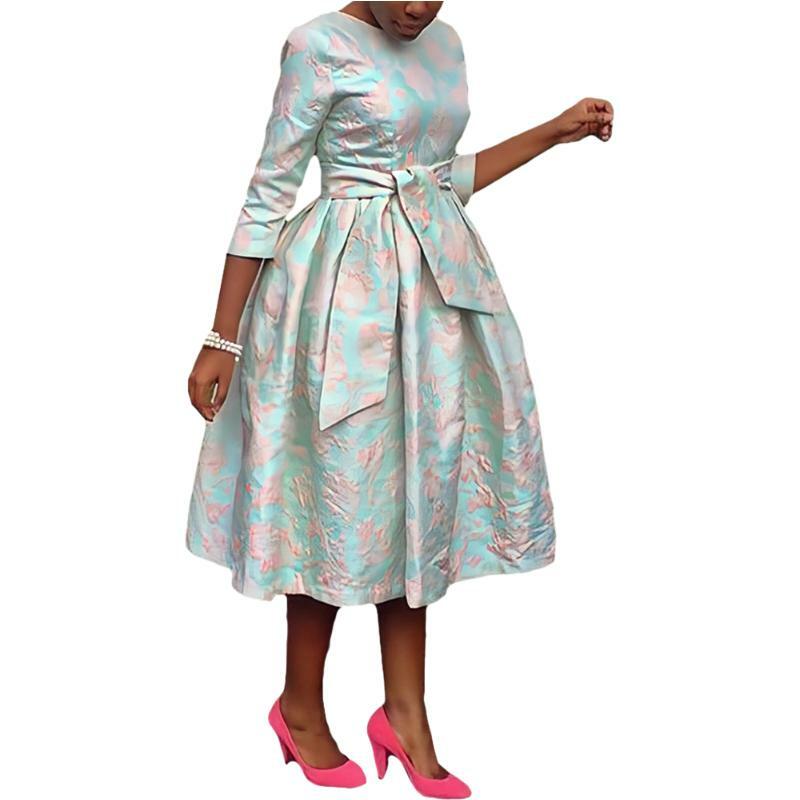 African Dresses for Women Autumn Elegant African 3/4 Sleeve Polyester Party Wedding O-neck Midi Dress Fashion African Clothing