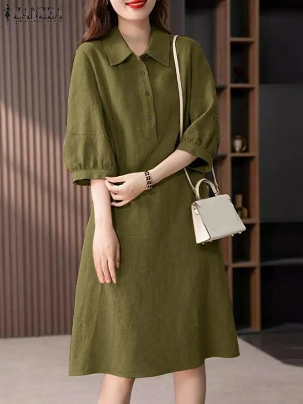 ZANZEA 여성용 코튼 미디 드레스, 우아한 단색 셔츠, 원피스 2024 여름 라펠 넥 드레스, 한국 사무실 3/4 소매 단추 로브