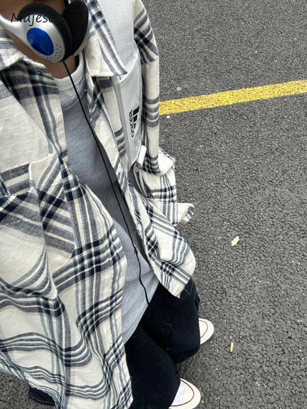Camisas xadrez de peito único masculina, estilo coreano, solta, vintage, Harajuku, manga comprida, jovem lazer, moda básica, primavera