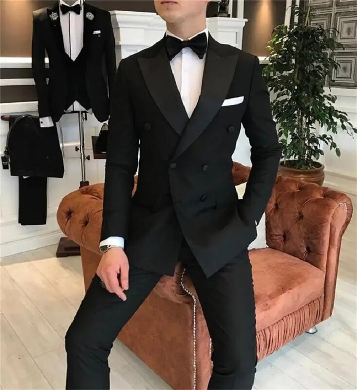 Black Double Breasted Men Suits Groom Tuxedos For Wedding Suits Two Pieces (Jacket Pants) Formal Man Blazer Latest Style