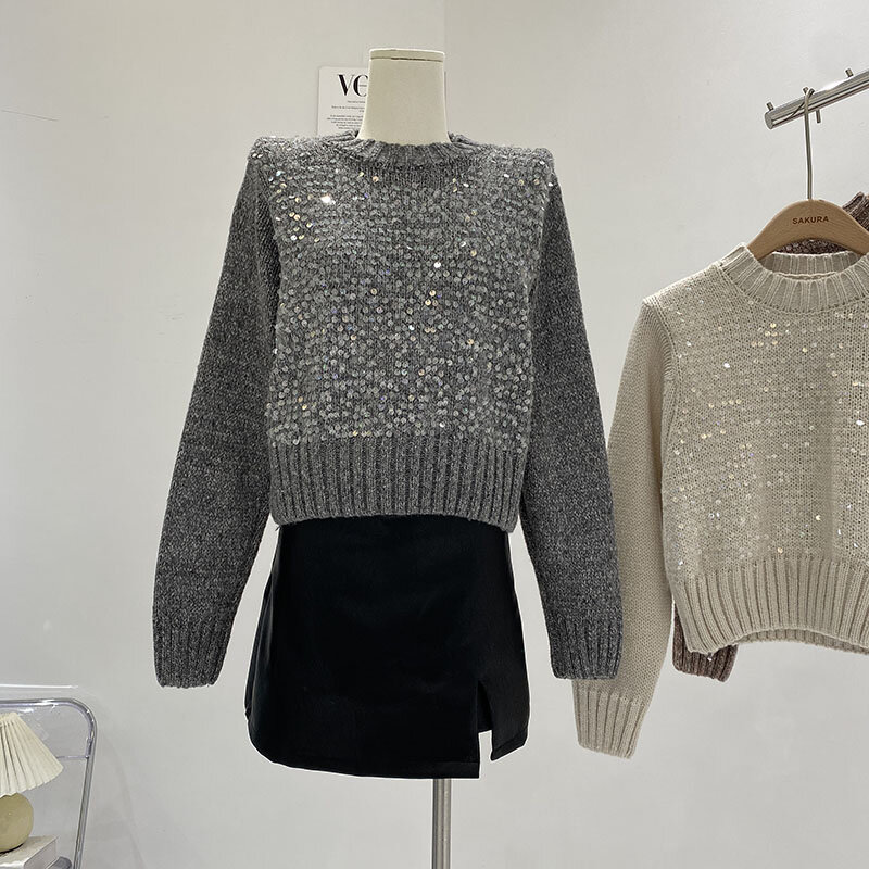 Miiiix koreanische Mode Herbst/Winter süße Rundhals-Pullover Alter reduzieren Stil vielseitige Pailletten kurze Strick pullover