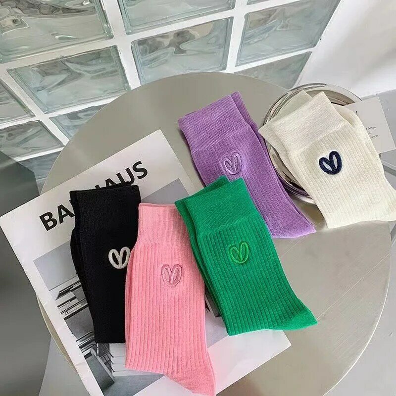 Socks stockings Women's spring and autumn solid color cotton love embroidered pile pile socks mid-tube sports socks