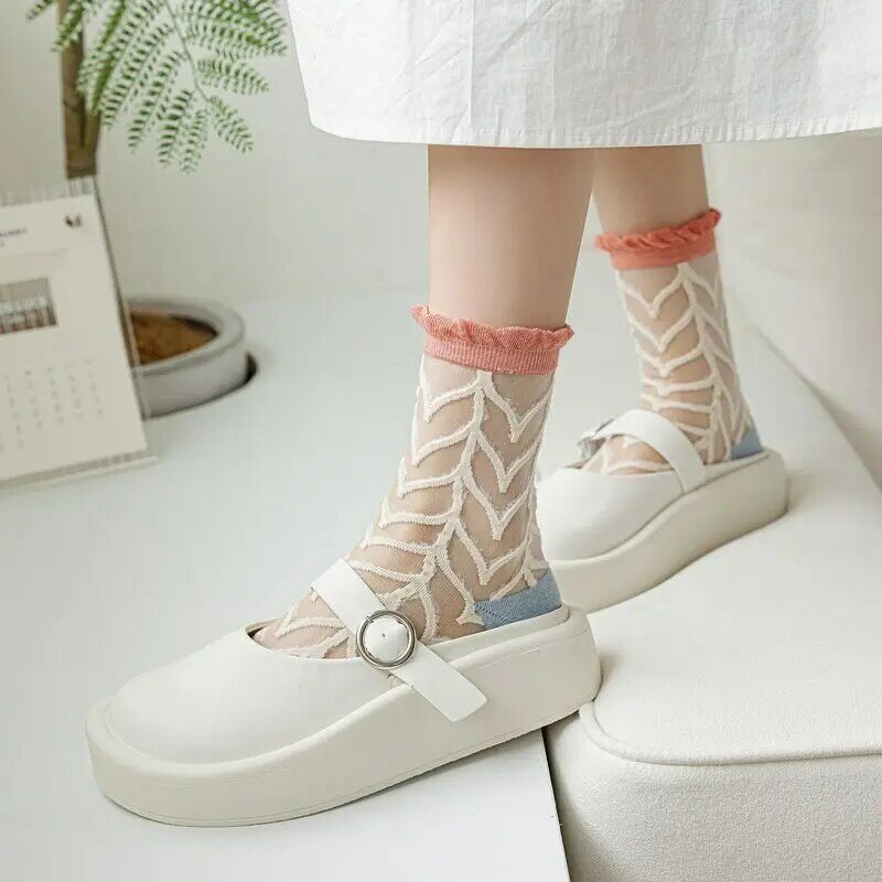 Kave kaus kaki sutra kaca bunga manis tipis Jepang wanita kaus kaki baru musim panas Fashion Ins stoking kartu tren wanita Dropshipping