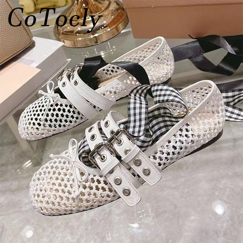 Hot Sales Butterfly-knot Ballet Flat Shoes Women Round Toe Lace Up Loafers Mesh Hollow Outs Buckle Strap Runway Shoes Woman