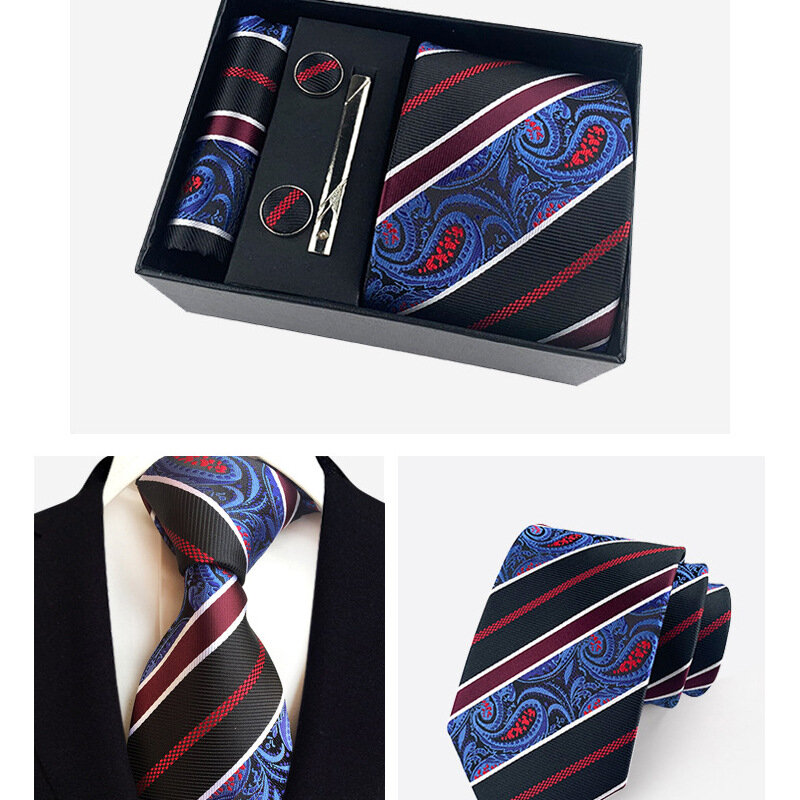 HUISHI Set di cravatte di lusso per uomo confezione regalo nera moda Paisley cravatta fazzoletto gemelli Set di Clip cravatte blu scuro solido