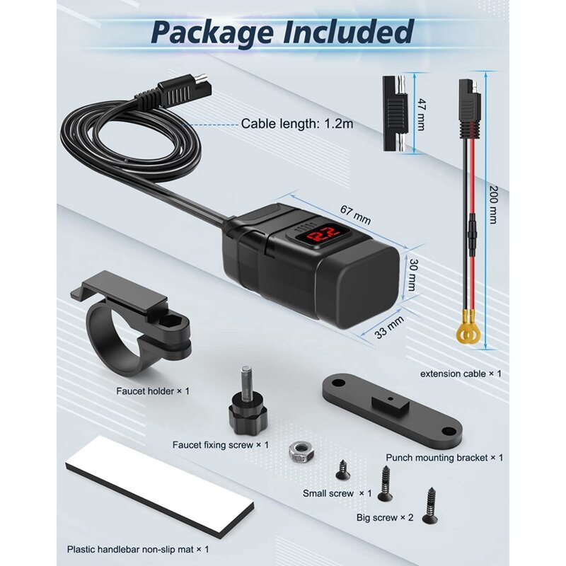 듀얼 USB C 타입 PD 고속 충전 3.0 충전기, 전압계 및 ON/OFF 스위치 포함, 오토바이 USB 충전기