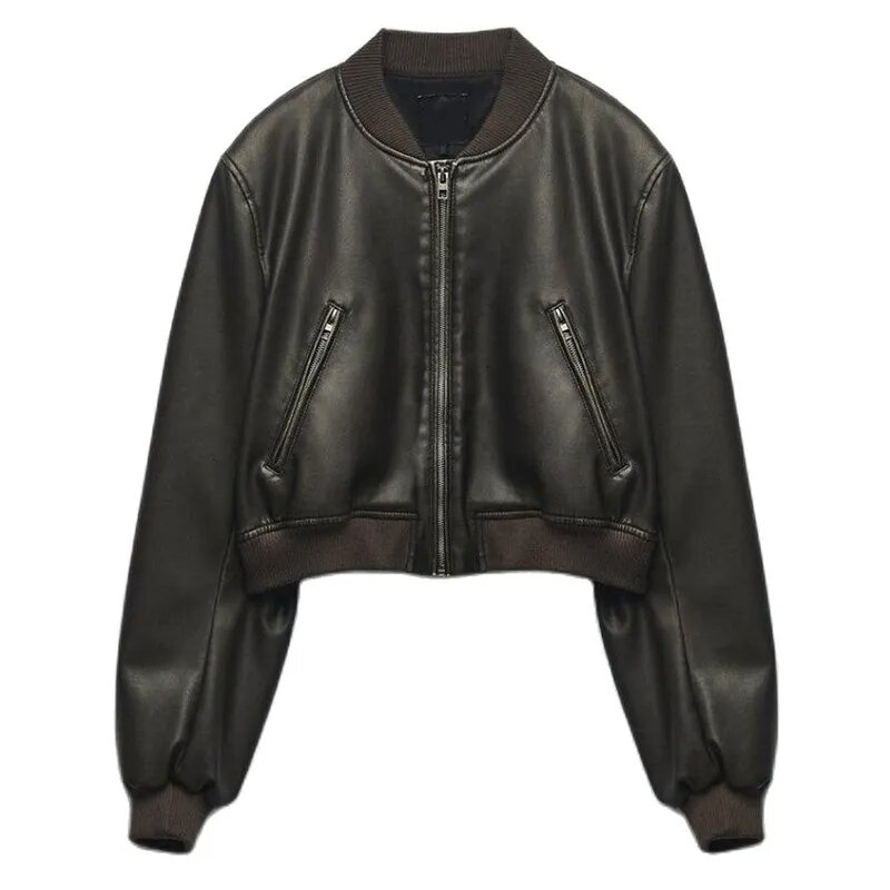 2023 New Spring Autumn Women's PU Leather Jacket Windproof Moto Bike Bomber Jacket Fashion Winter Warm Zipper Short Coat