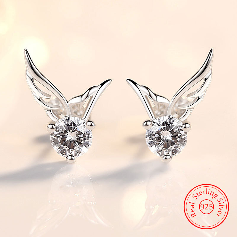Solid 925 Sterling Silver New High Quality Jewelry Crystal Angel Wings Stud Earrings For Women XY0223