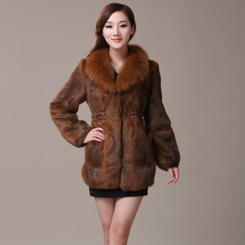 Thick Real Rabbit Fur Coat Luxury With Fox Fur Collar Warm Winter Women Casual Slim Genuine Fur Jacket