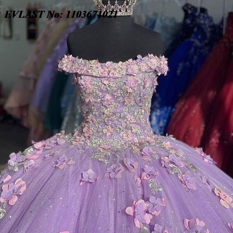 Evlast glänzend lila lila Quince anera Kleid Ballkleid 3d Blumen applikation Perlen Diamant süß 16 vestidos de xv 15 Anos sq56