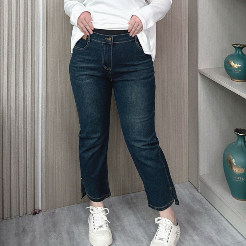 Birnenförmige Jeans mit geradem Bein Frühling und Sommer neu plus Größe hohe Taille Schlitz lässige knöchel lange Hose
