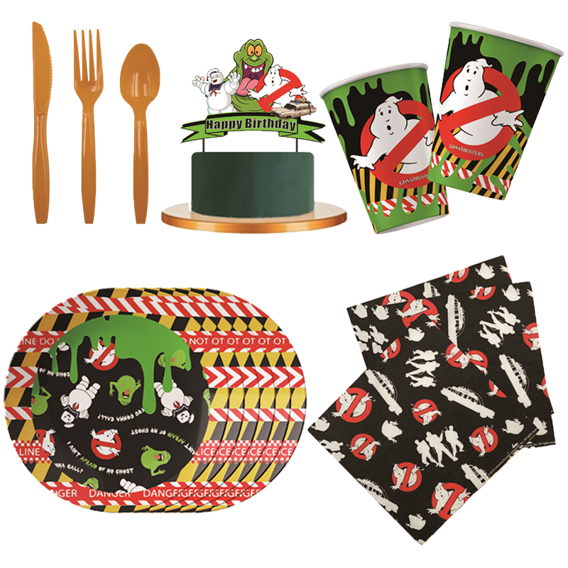Ghostbuster-suministros de decoración para fiesta de cumpleaños, cubertería decorativa desechable, plato de vaso de papel, decoración de pañuelos, regalo de juguete para niños