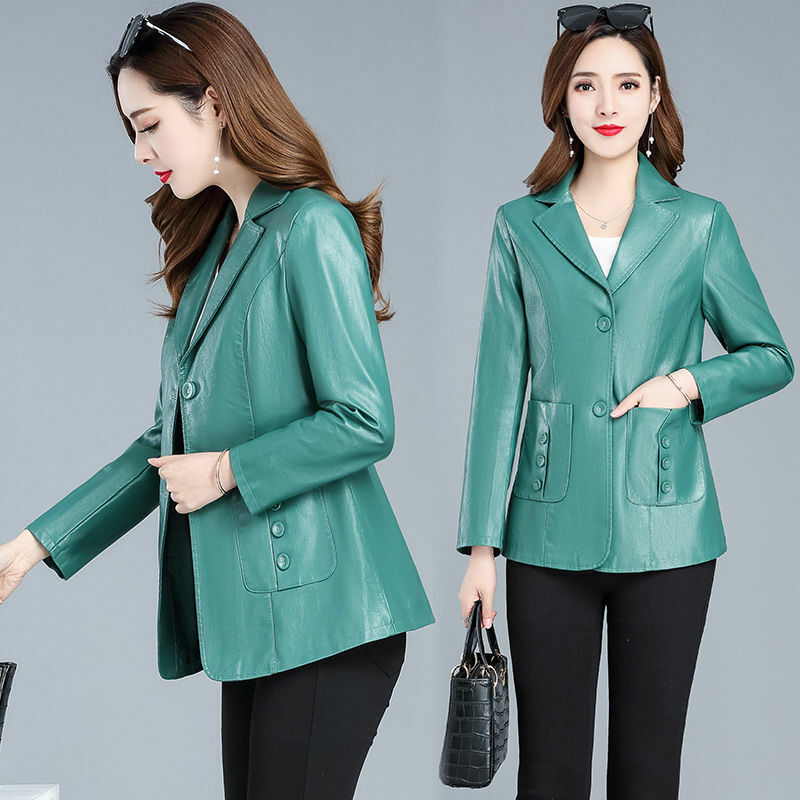 韓国のファッションオフィスレザージャケット2022,女性のためのすべてのマッチングPUフェイクレザージャケット,特大のコート