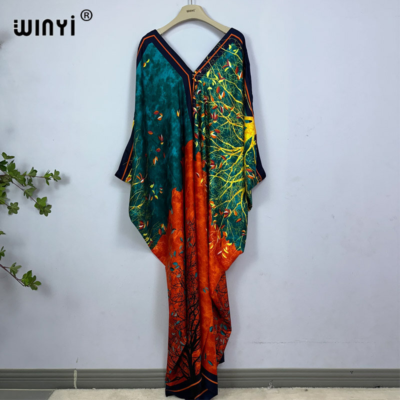 WINYI gaun panjang: 130cm mode gaun Turki Bohemia cetak abaya wanita maxi kaftan warna musim panas gaun malam Afrika Wanita