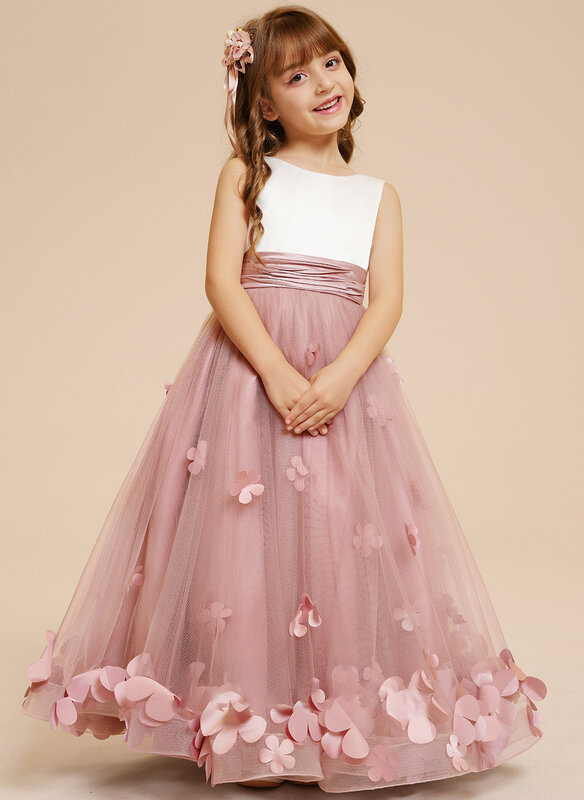 Ball-Gown/Princess Scoop Floor-Length Satin/Tulle Flower Girl Dress/Wedding Party Dresses/Flower Girl Dresses/ Custom Made