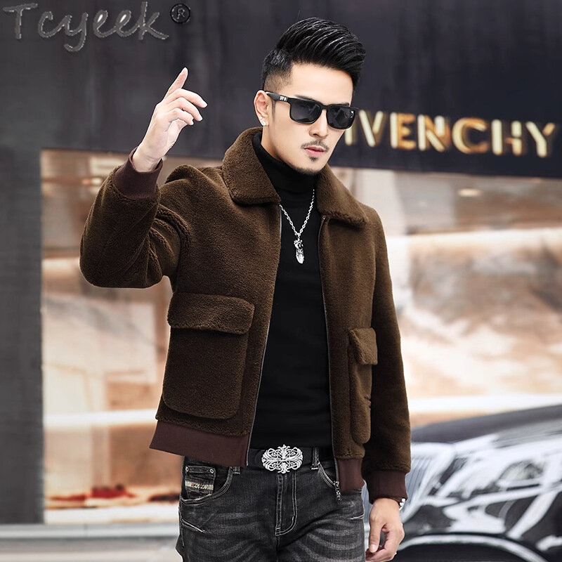 Tcyeek-Casaco de lã slim fit masculino, casaco de inverno, moda streetwear, corte de ovelha, estilo curto, 100% lã, 2023