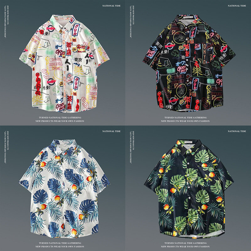 男性用薄手のフラワーシャツ,半袖,ゆったりとしたビーチウェア,原宿,ヴィンテージ,新しい夏のコレクション2024