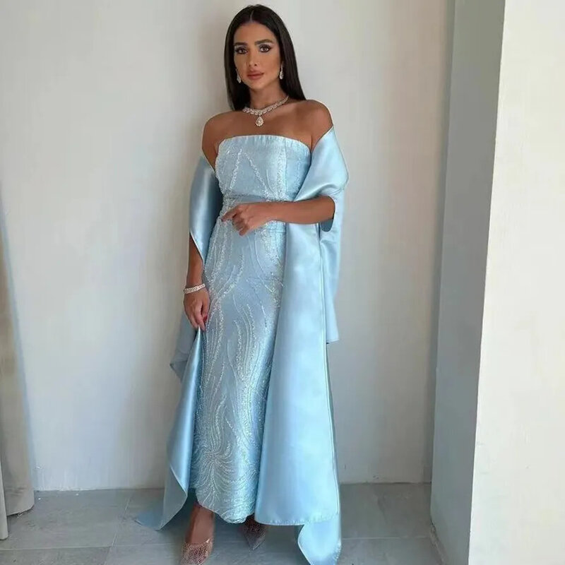Hemelsblauwe Schede Prom Jurken Strapless Lang Elegant Feest Vrouwen Dragen Voor Avond Met Wraps Saudi Arabia Vestidos De Novia