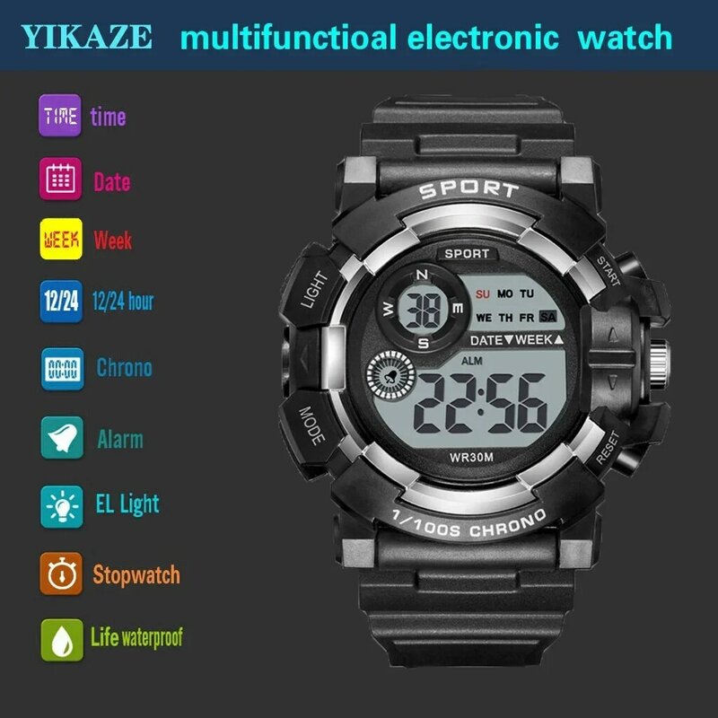 YIKAZE jam tangan elektronik pria wanita, arloji olahraga Digital tahan air, jam tangan bercahaya dengan Alarm untuk anak-anak