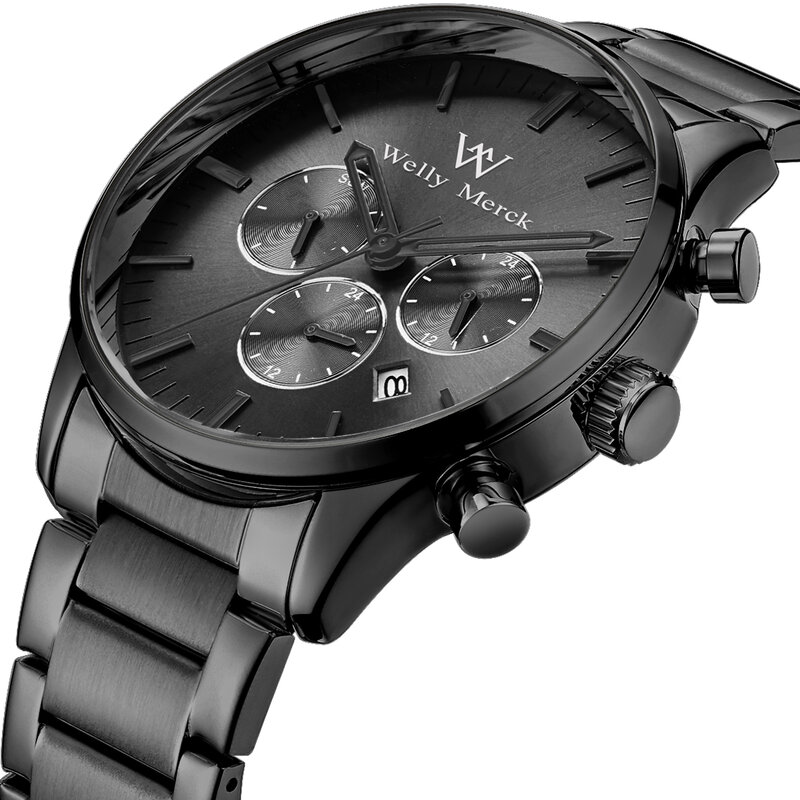 Welly Merck-reloj analógico de acero inoxidable para hombre, accesorio de pulsera de cuarzo resistente al agua con cronógrafo automático, complemento masculino de marca de lujo con diseño moderno y diseño moderno, modelo TMI VD33