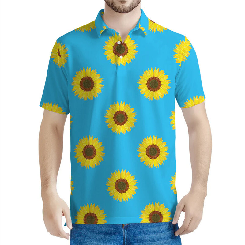 男性と女性のためのひまわりのポロシャツ,3D印刷された花柄のラペル,半袖,夏のストリートTシャツ,ボタンTシャツ