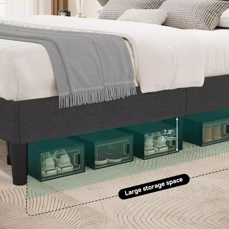 Queen Size Bed Frame, LED Bed Frame with Storage Bookcase Headboard, Upholstered Platform Bed with Charging Station, No