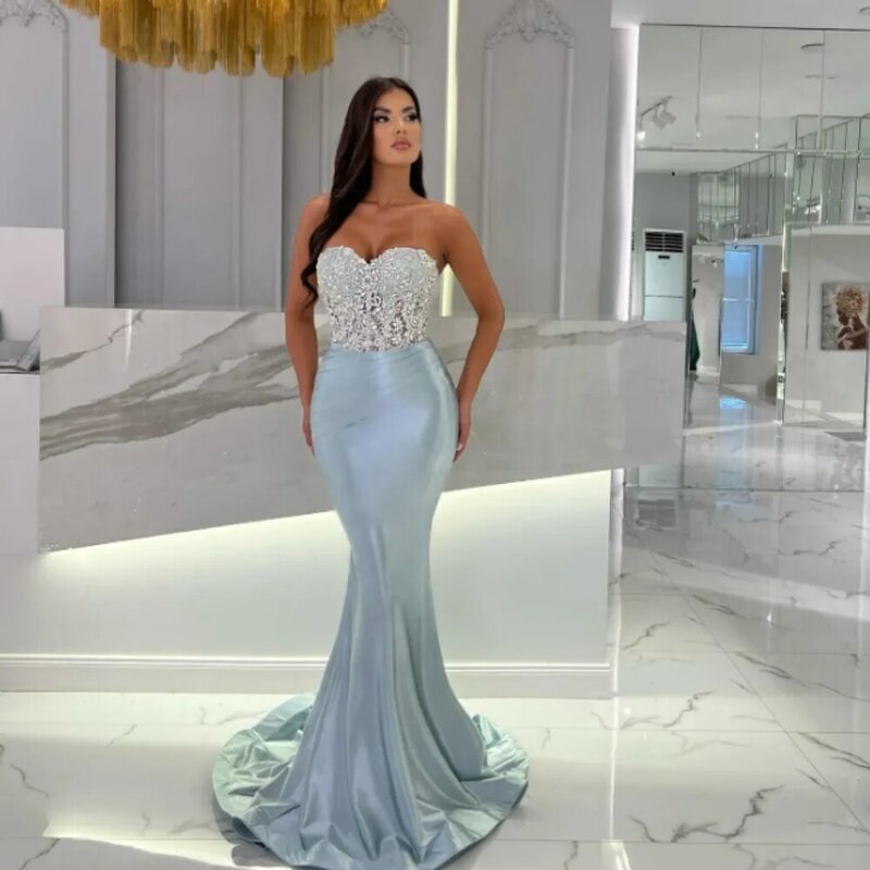 Elegant Mermaid Evening Dress Beads Strapless Neck Sleeveless Party Prom Wear Pleated Long Gowns for Special Occasion Dresses