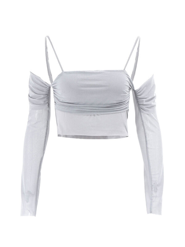 เสื้อยืดเอวลอย2024เซ็กซี่สำหรับผู้หญิงเสื้อท่อนบนเปิดไหล่คอปาดแขนยาวเสื้อยืดสำหรับเที่ยวคลับ Y2K