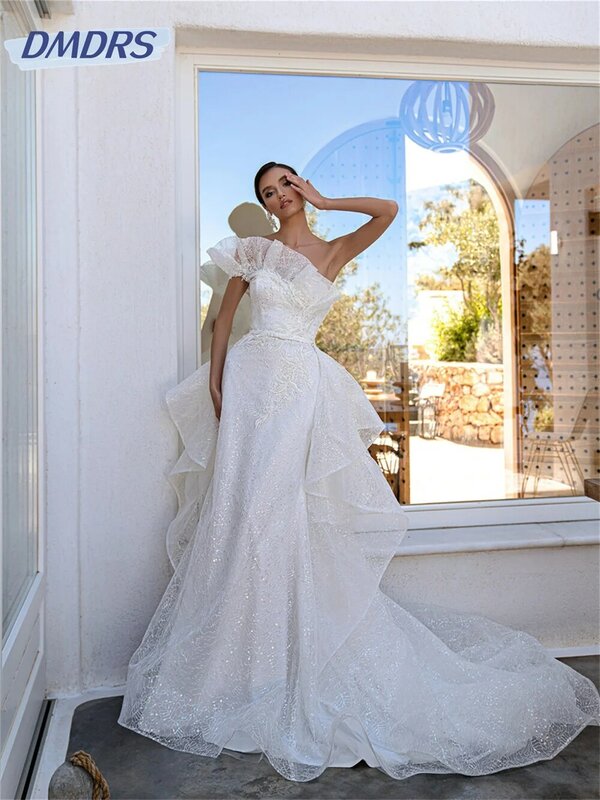 Gaun pengantin Lengan Satu bahu romantis 2024 gaun pernikahan A-line menawan klasik renda gaun panjang lantai Vestidos De Novia