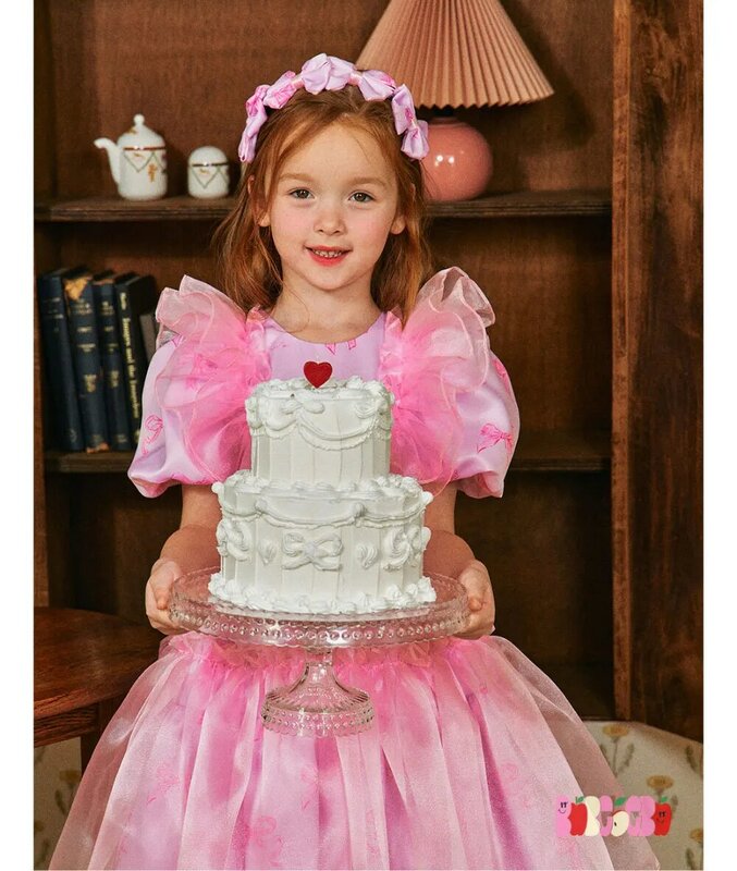 New 2024 Korea Bebe Summer Girls Princess Dress Kids Pink Clothes Children Hair Band Girls Party Dress Child Birthday Clothes