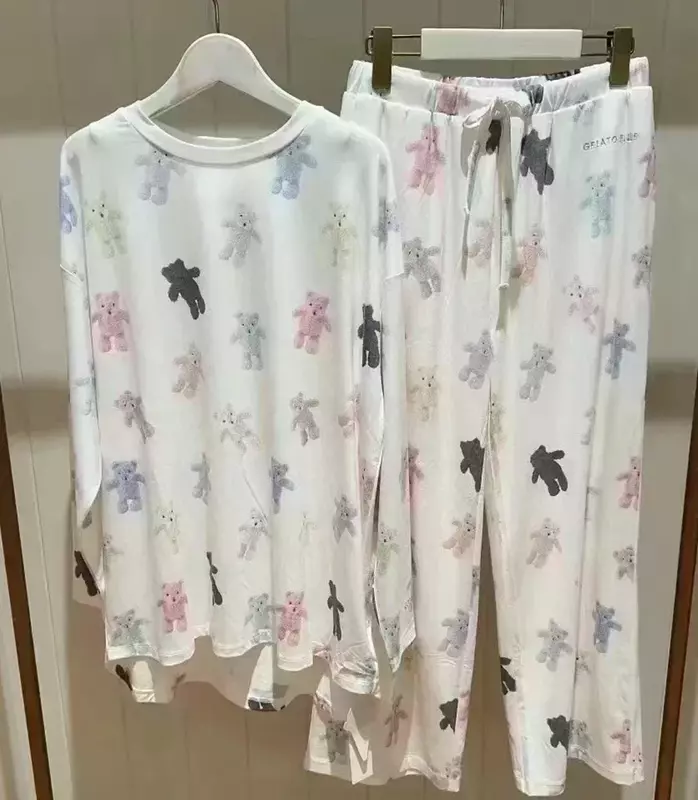 Conjunto de pijama feminino, calças femininas de mangas compridas, roupa de quarto com etiquetas, outono, 40-65kg